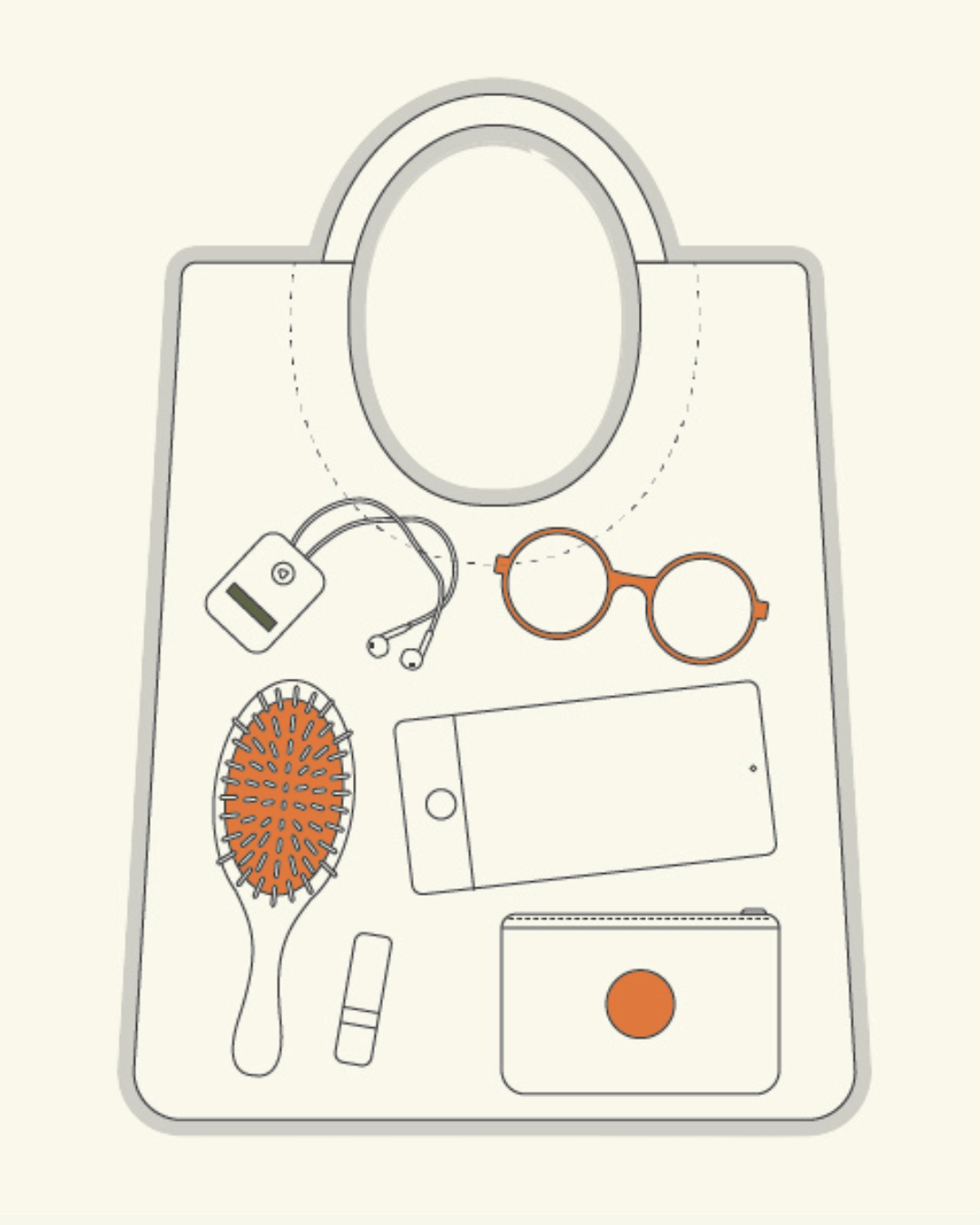 Illustration of a tote bag's interior with everyday items like a phone, wallet, glasses, and brush, showcasing versatility.