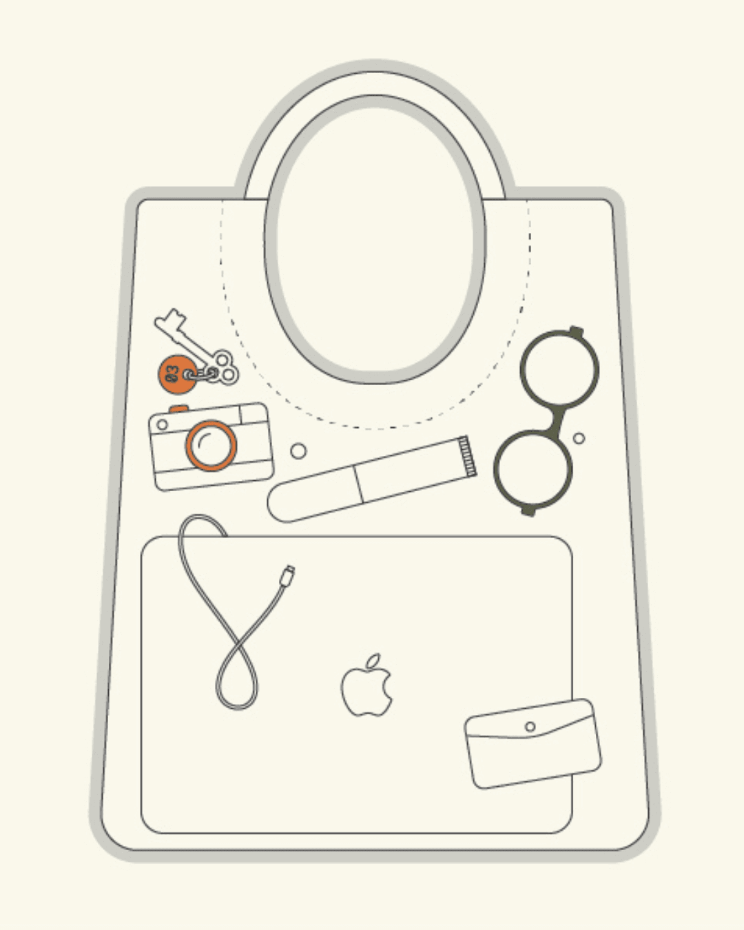 Illustration of a spacious tote bag showing items like a laptop, camera, glasses, and keys, perfect for everyday use.