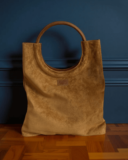 Mixed Emotions Reversible Tote in tan suede, stylish and spacious, perfect for everyday use.