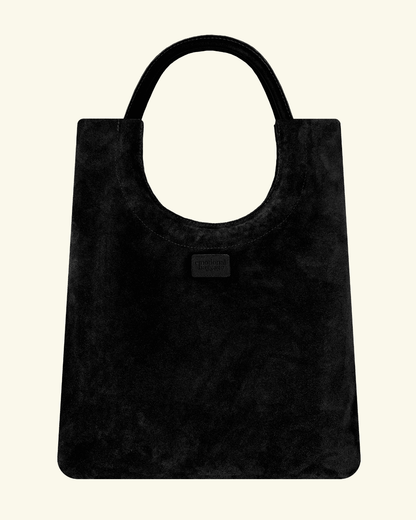 Mixed Emotions Reversible Tote in Noir(black), suede and leather, stylish, handmade in South Africa, perfect for everyday use.